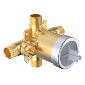 The GeoFlow Round Shower System is a gold-colored brass valve with multiple threaded pipe connections and a silver cylindrical cap on one end, shown against a white background.