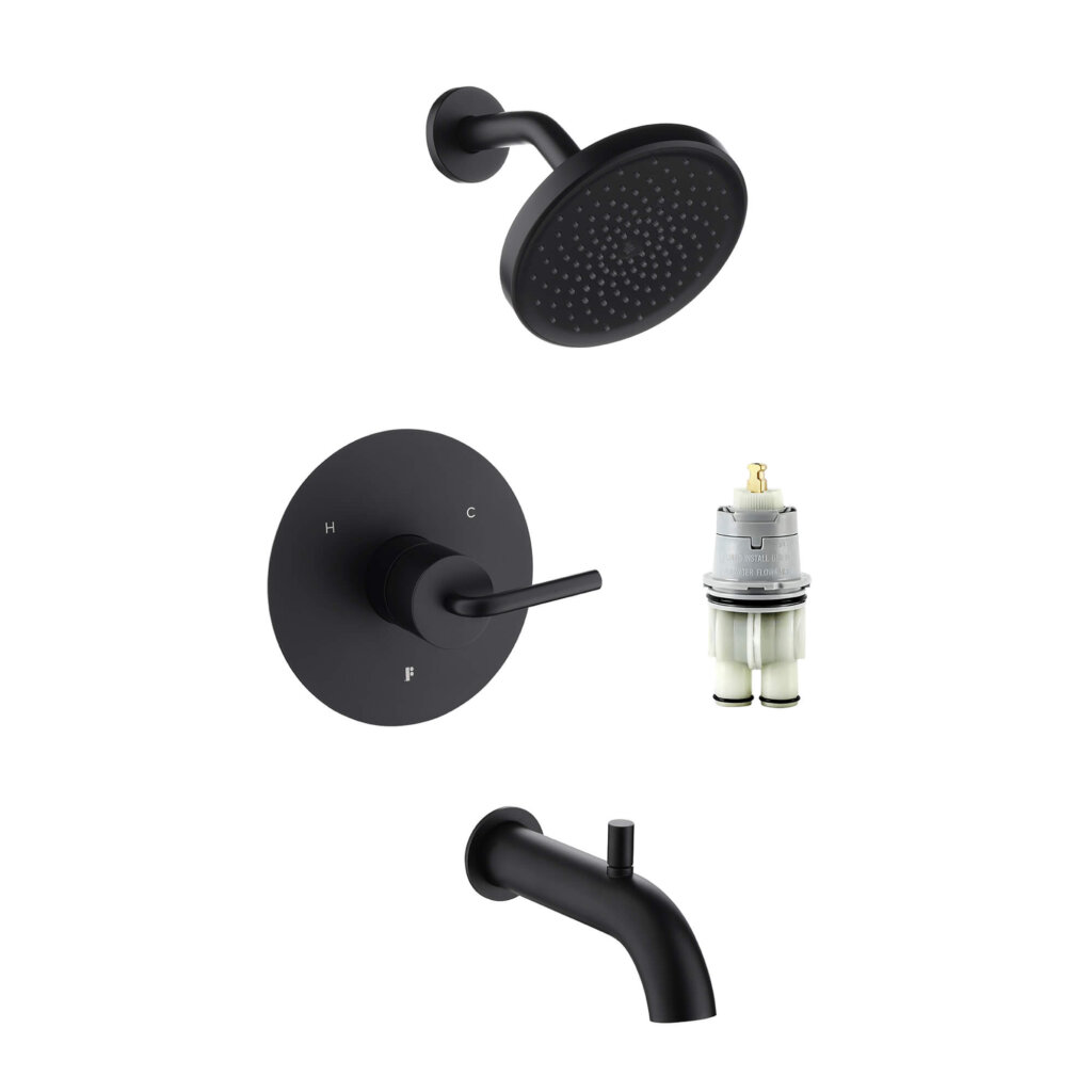 GeoFlow Round Shower System in matte black, with a round showerhead, single-handle H/C control, bathtub spout, and white replacement valve cartridge—all showcased on a white background.