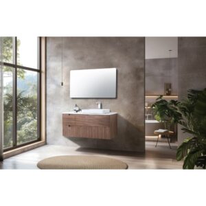 Modern bathroom with an Orsa 48 Inch Wall Mount Bathroom Vanity With Vessel Sink, rectangular mirror, and floating wood design. Large window brings in natural light; neutral tones and indoor plants create a serene, minimalist space.