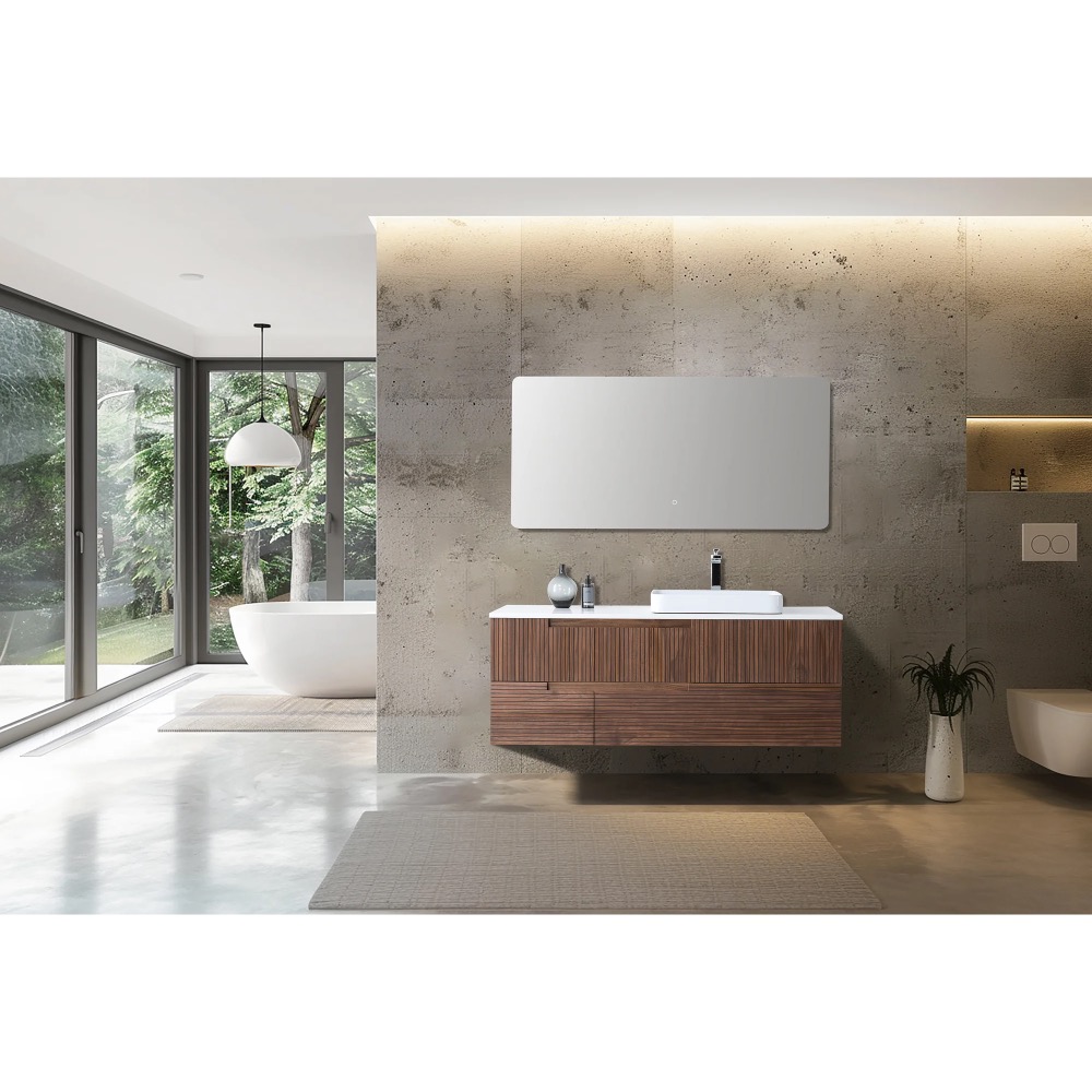 A modern bathroom showcases an Orsa 60 Inch Wall Mount Bathroom Vanity With Vessel Sink beneath a large mirror, with decorative accents. Expansive windows offer views of greenery and a freestanding tub, creating a bright, minimalist retreat.