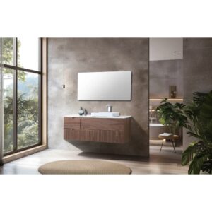 A modern bathroom with the Orsa 60 Inch Wall Mount Bathroom Vanity With Vessel Sink, a big window, rectangular mirror, concrete walls, and lush greenery—all bathed in natural light.