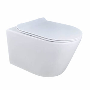 A modern, wall-mounted white toilet with a closed lid, featuring a minimalist and smooth design.