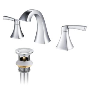 The Vermont 8 Inch Widespread Bathroom Sink Faucet offers a modern chrome finish, a curved spout, dual lever handles, and includes a matching drain stopper assembly.