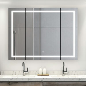 A modern bathroom with a marble countertop, dual faucets, soap dispensers, and a Royale Plus 48x36 LED Lighted Triple Door Medicine Cabinet with an illuminated border above the sinks.