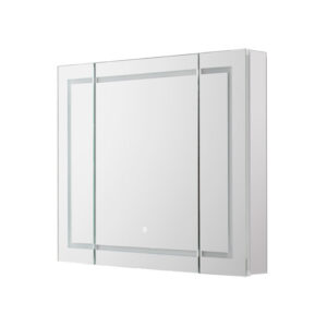The Royale Plus 48 Inch x 36 Inch LED Lighted Triple Door Medicine Cabinet is a modern, wall-mounted bathroom mirror cabinet featuring clean lines, a central mirrored door, two side panels, and a minimalist design.